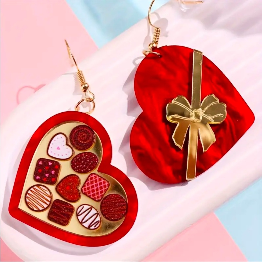 Heart Box of Chocolates Acrylic Earrings Gold Bow Valentine